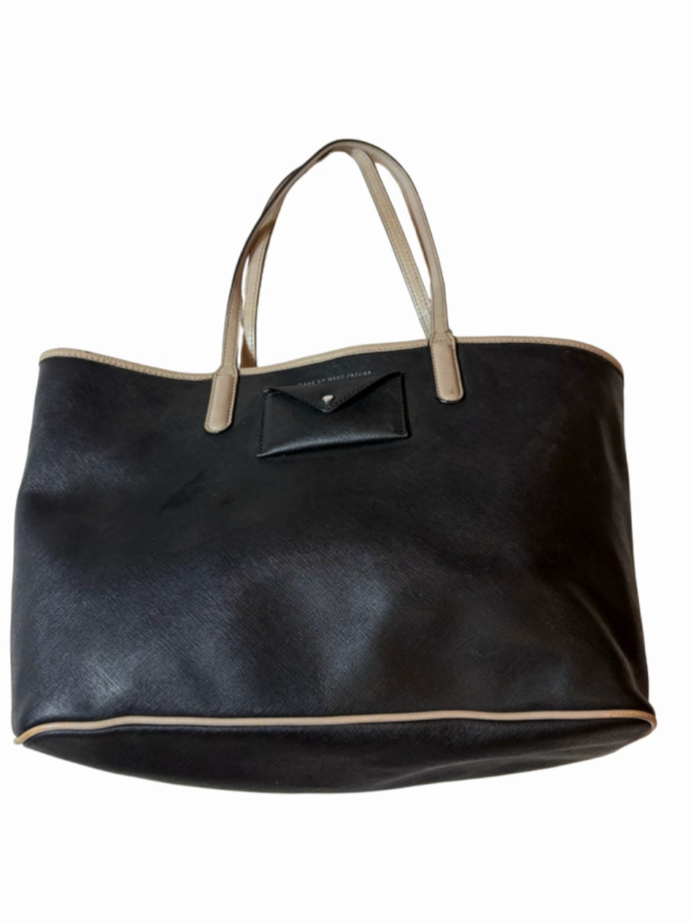 Marc by Marc Jacobs Black Saffiano Leather Work Tote Bag Taupe Trim